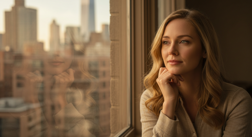 Woman contemplating gentle natural IVF treatment options at Ferny's NYC fertility clinic.